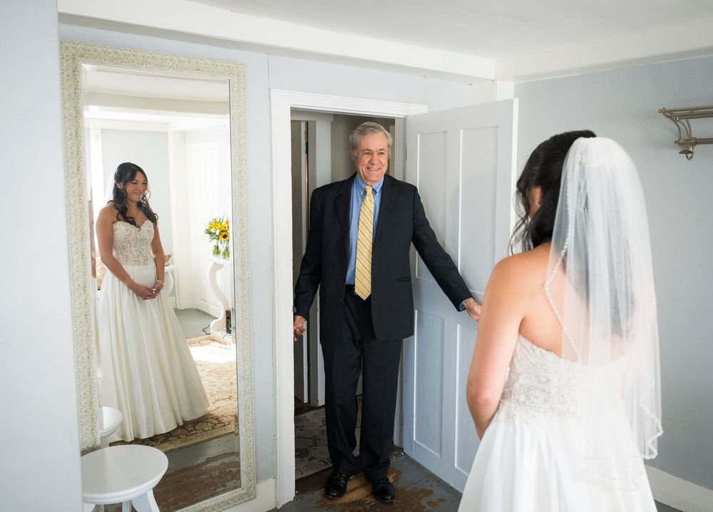 Wedding day preparation sequence showing interactions through doorways in a light-filled interior space.