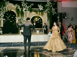 A series of wedding reception photos showing elegant decor and guests in formal attire dancing on a patterned ballroom floor.