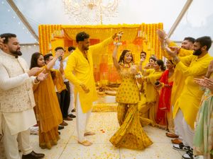 A collage of traditional Indian wedding ceremony moments with guests and decorations in vibrant yellow and gold colors.