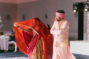 A collection of wedding photos showing traditional Indian bridal attire with red and gold saris and decorative details.