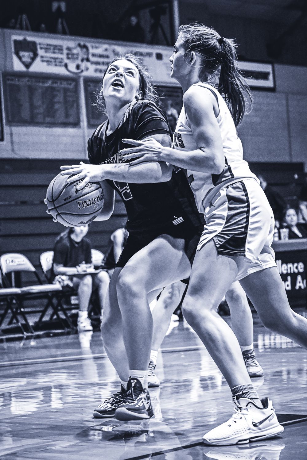Two basketball players battle for possession during a competitive indoor game.