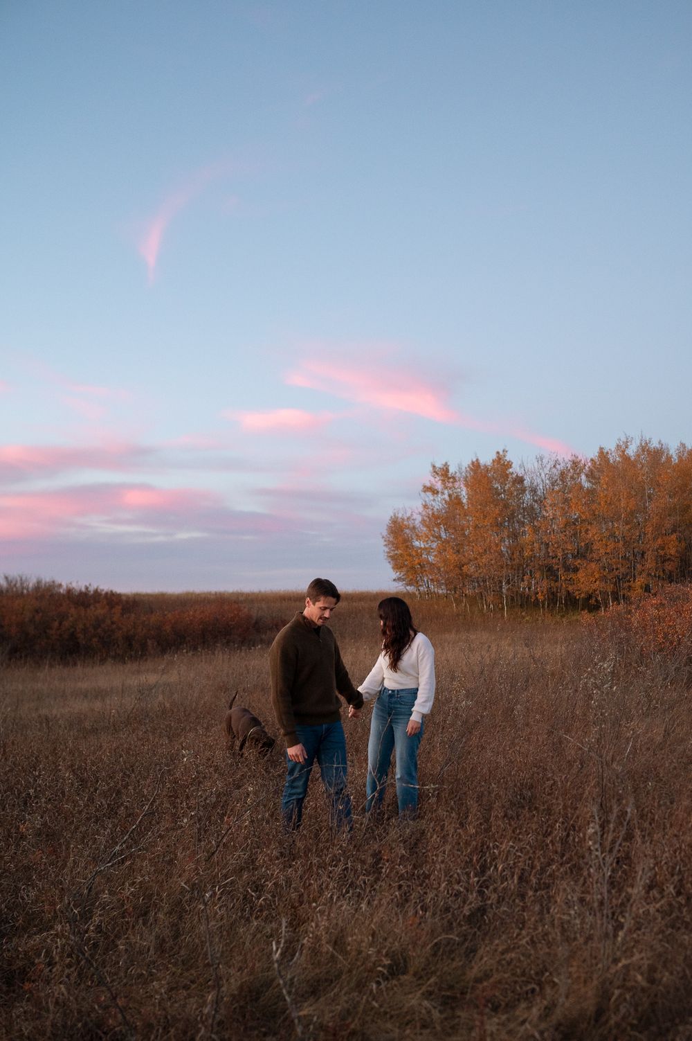 Couple holding hands in a tall grass prairie field at sunset, with pink clouds above and golden autumn trees in the background.