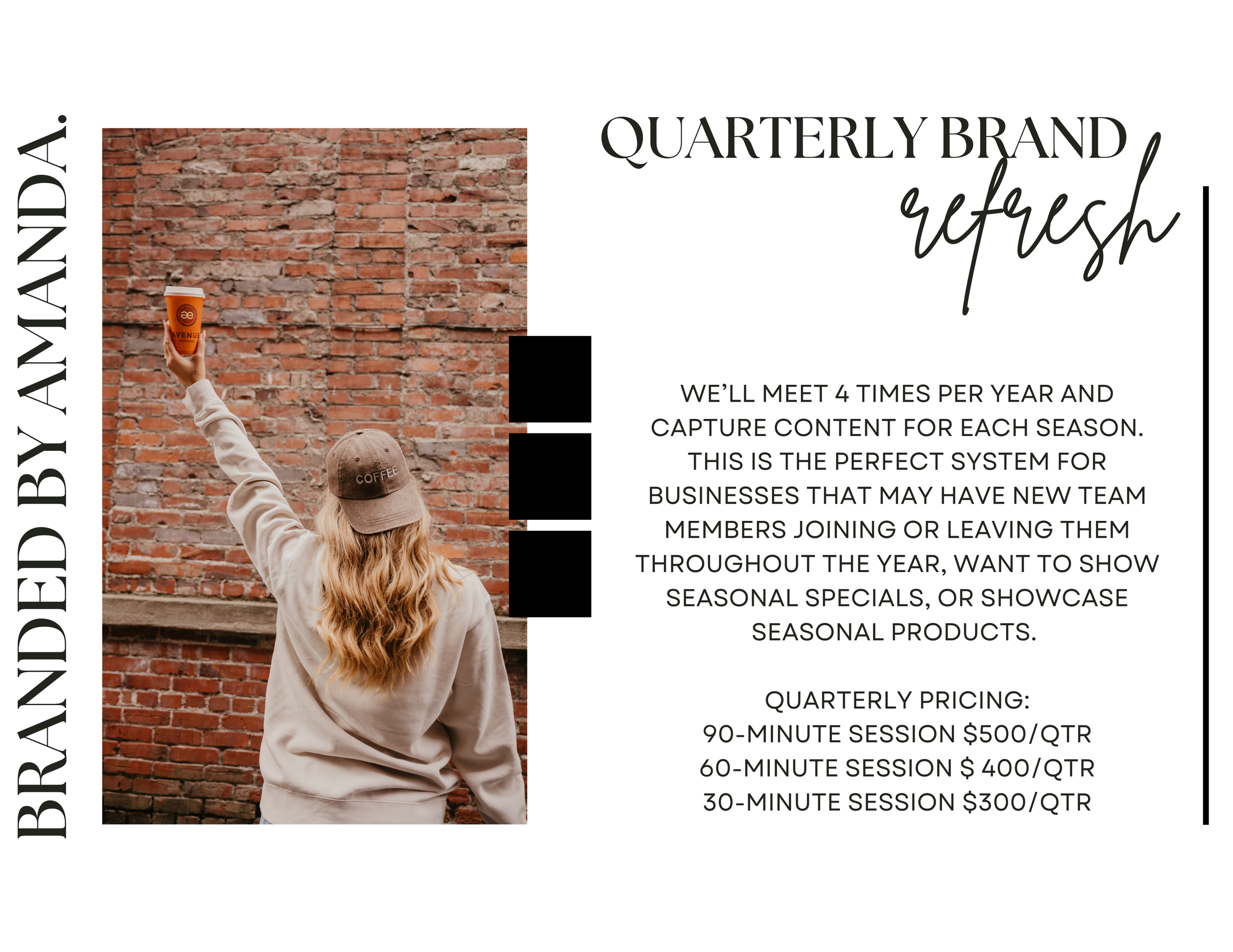 Promotional image for quarterly brand refresh services with pricing against brick wall background.