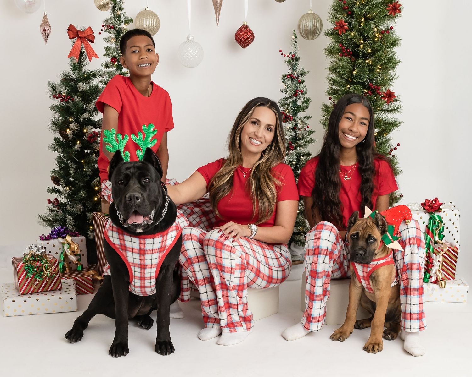Family and pets wearing matching red plaid Christmas pajamas pose together in front of a white wall with holiday decor.