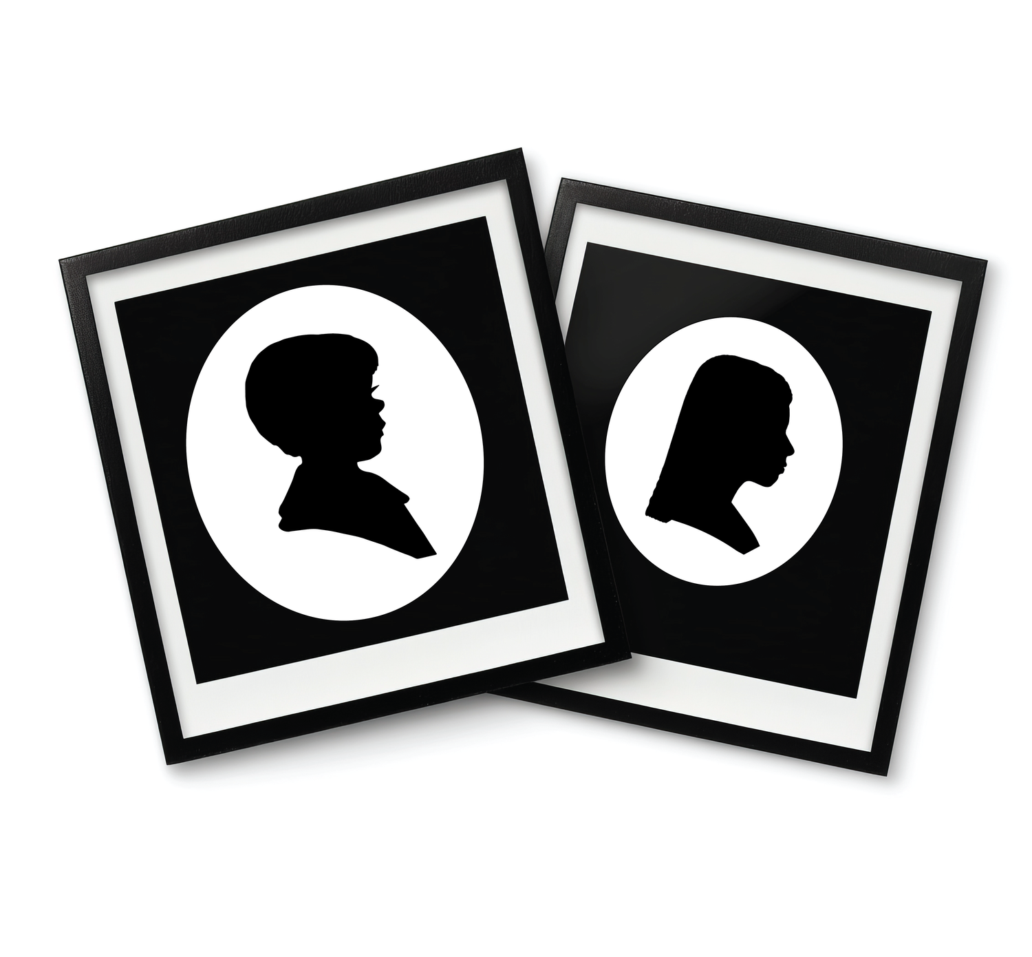 Black and white silhouette portraits in matching frames showing profile views.