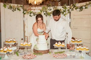 Reception dessert display with tiered wedding cake and cupcakes on rustic wood stands under floral garland.