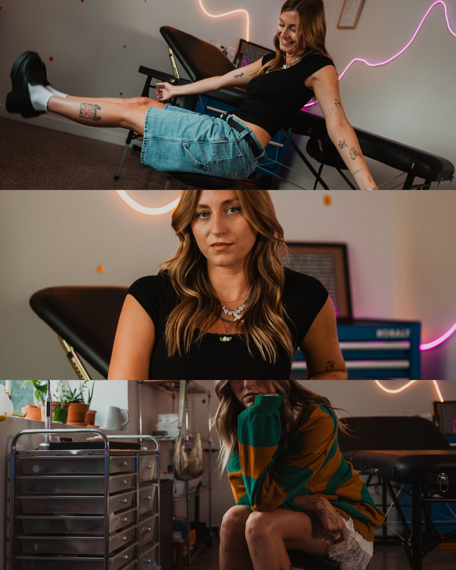 Person in black top and denim shorts sits on a therapy table with neon lighting and orange decor on the wall.