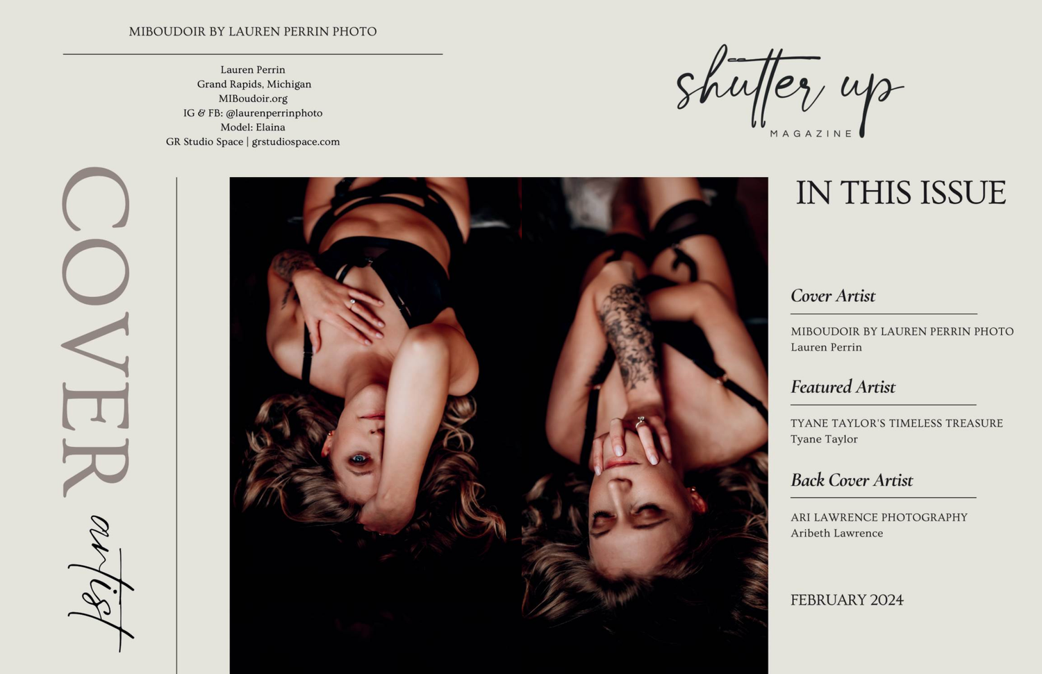 Atmospheric magazine cover layout with dark moody photography and elegant typography for 'Shutter Up' publication.