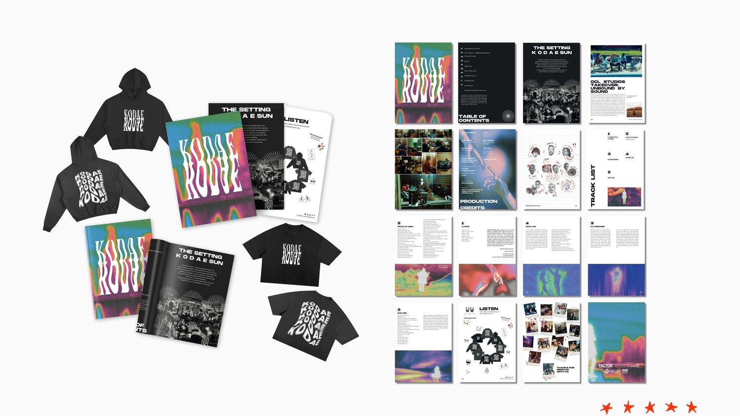 Collection of band merchandise including t-shirts, posters, albums and promotional materials laid out in a product display grid.