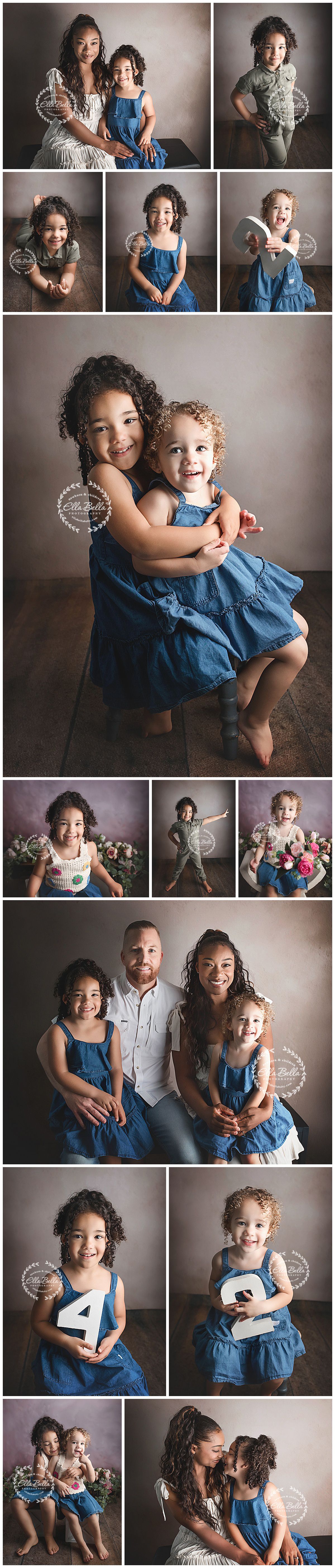 A heartwarming collection of professional portrait photos featuring coordinating blue dresses and natural poses against a neutral backdrop.