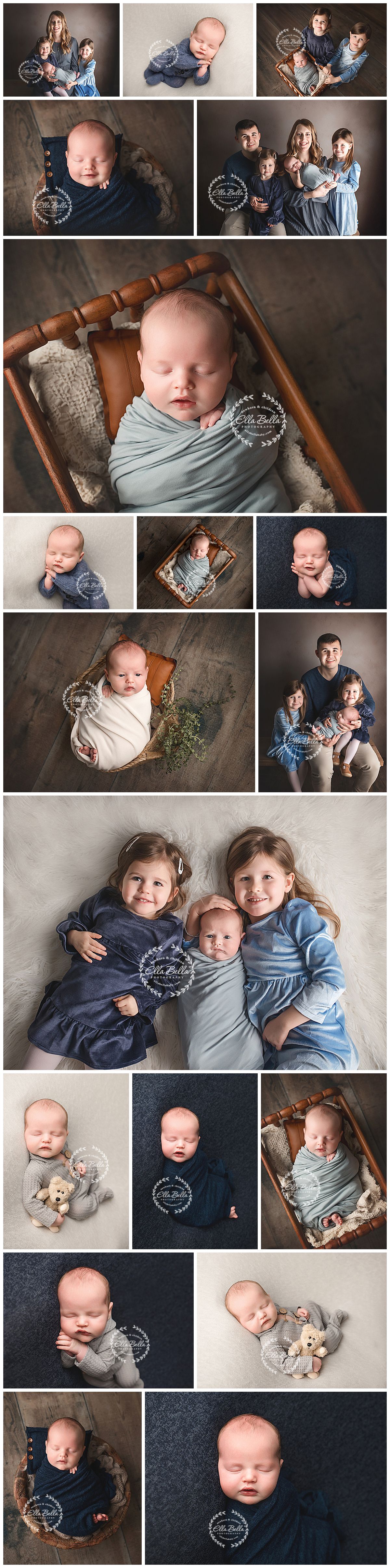 A collection of professional family portraits featuring newborn photography and sibling poses in soft blue and neutral tones.