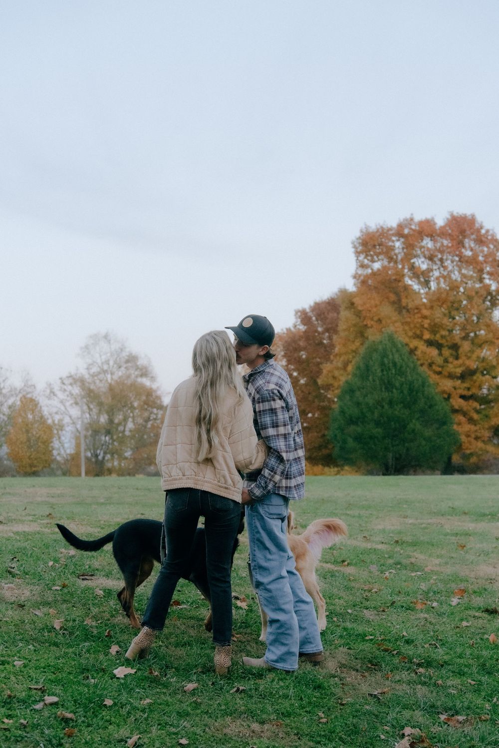 A couple standing with their two dogs in a grassy field during fall.