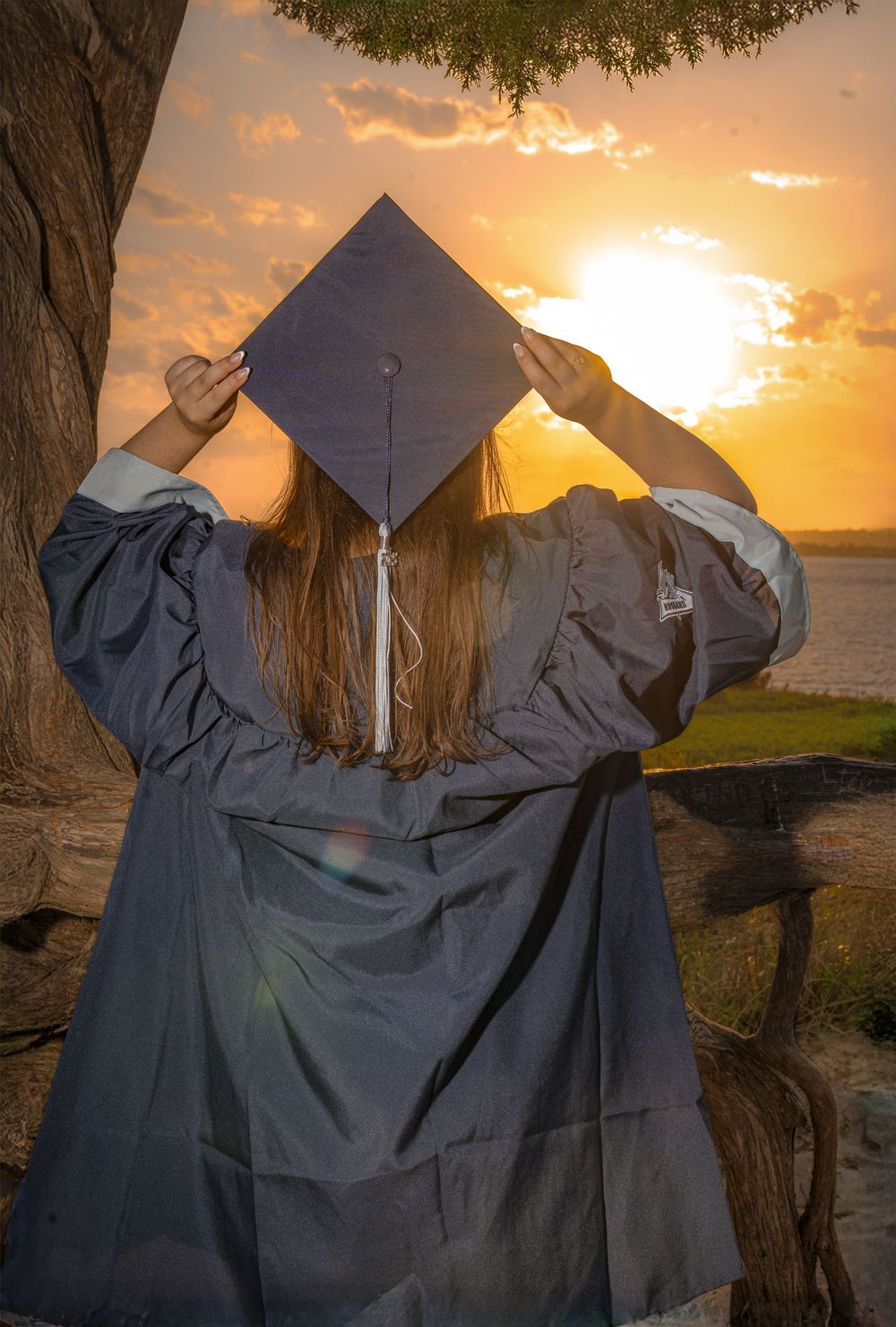 A graduate in cap and gown stands silhouetted against a golden sunset sky with a tree overhead.