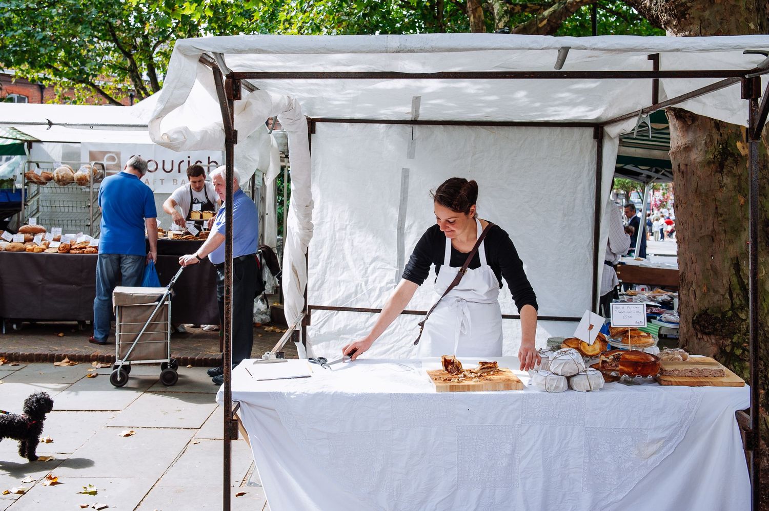 Outdoor market stalls with white tent canopies set up in a park or public space.