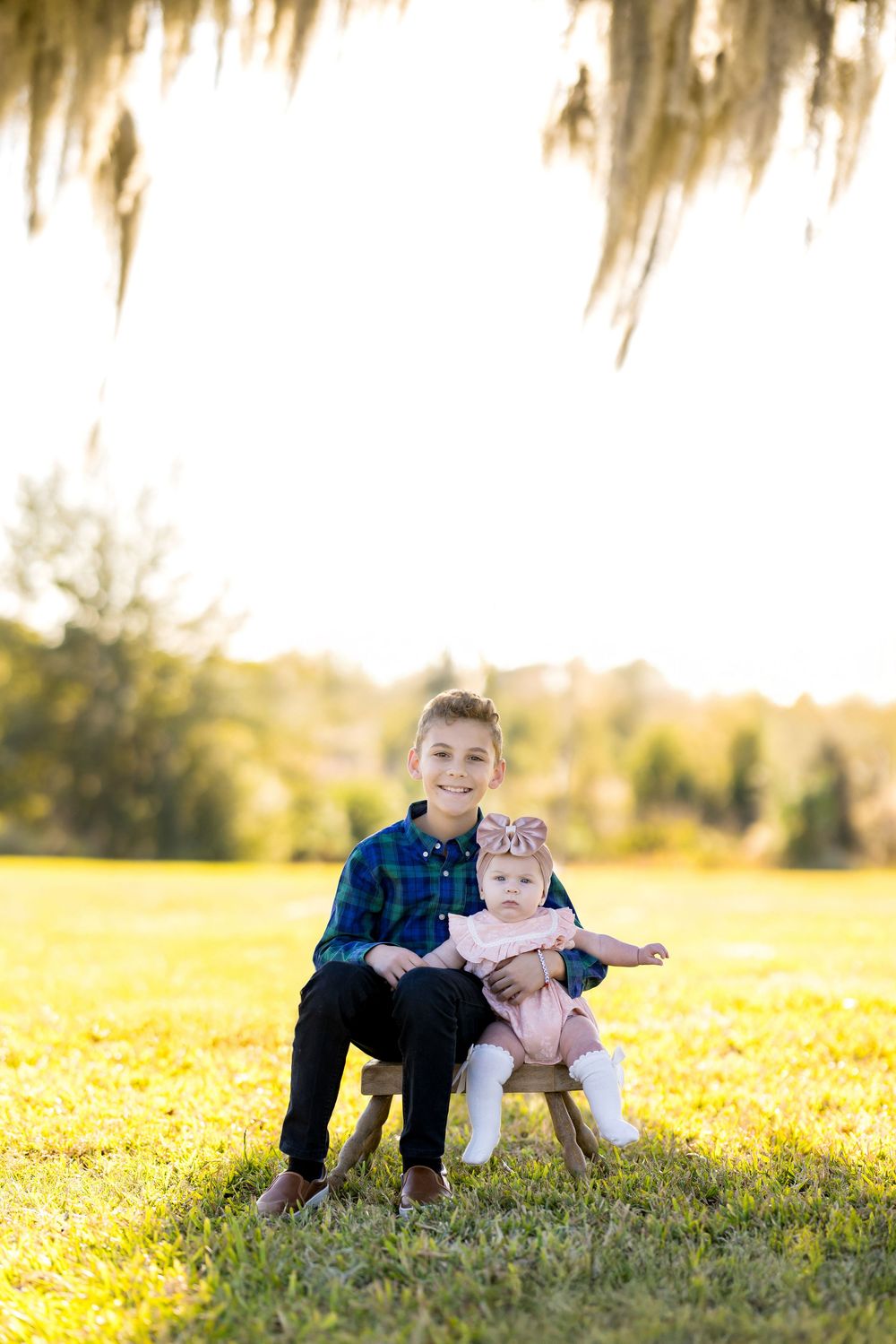 Children playing together on sunny grass under Spanish moss trees in golden afternoon light.