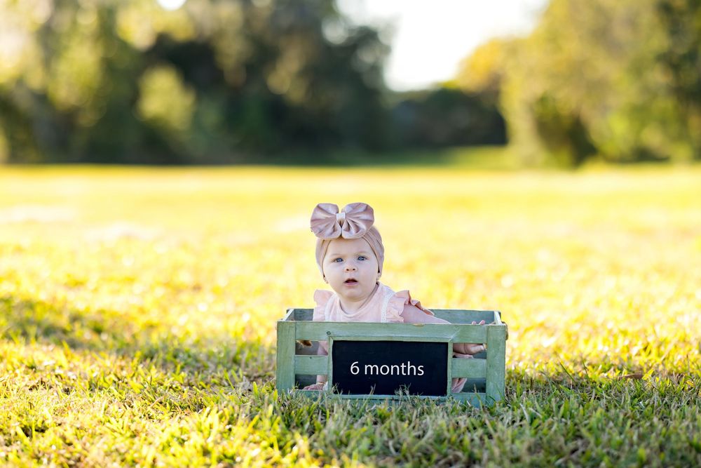 Baby lying on grass in a sunny field during a milestone photo session showing growth from newborn to six months.