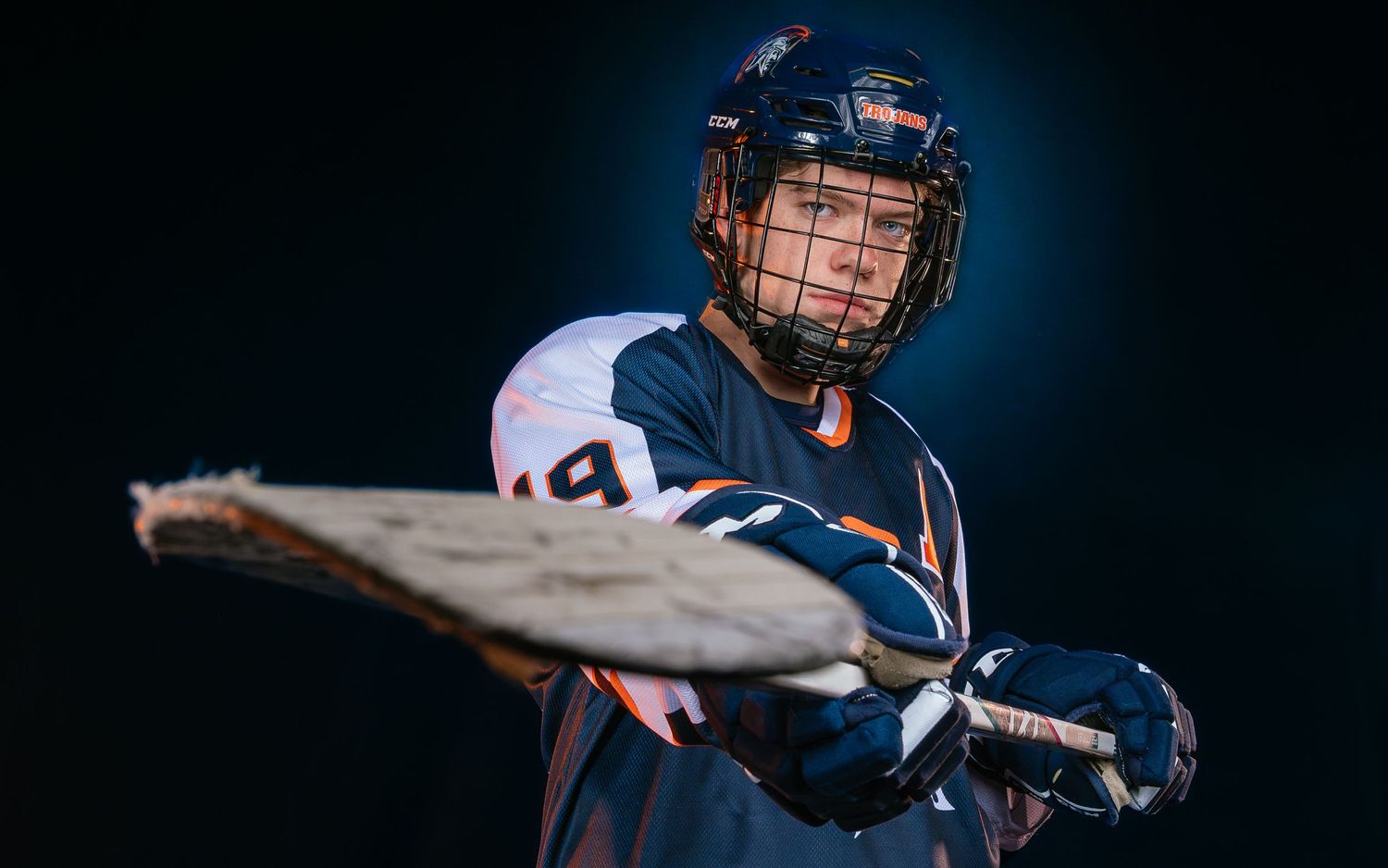 Dramatic media day portrait of a Hershey Trojans hockey goalie, by Deanna Fox, SportsFox Photography, Hershey PA