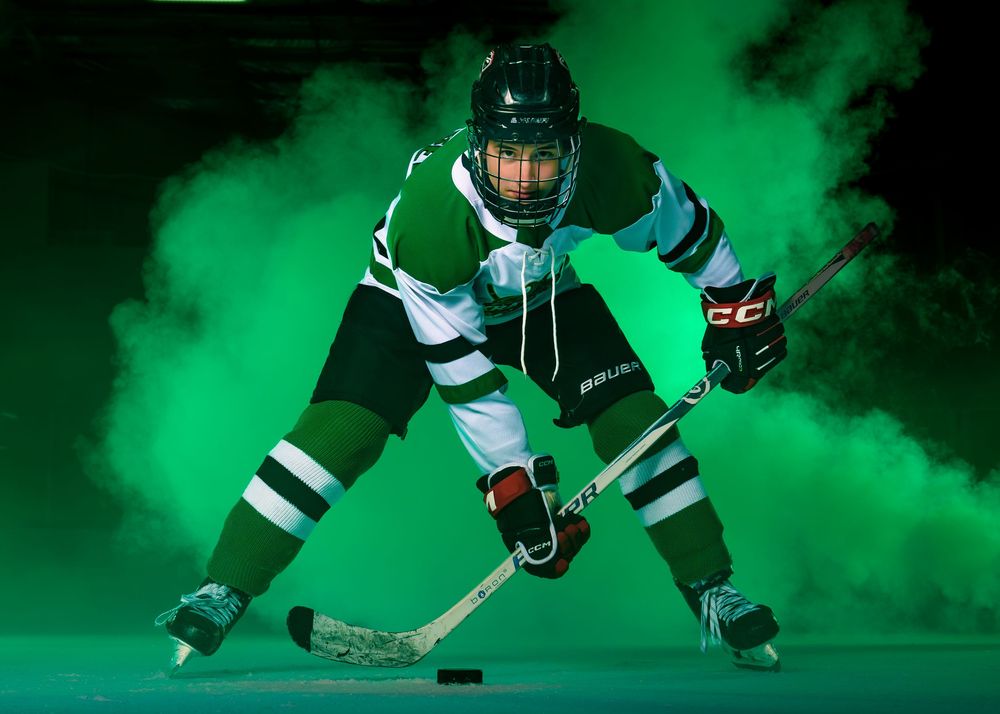 Keystone Kraken hockey player in green jersey, media day portrait, Harrisburg Pennsylvania, by SportsFox Photography.