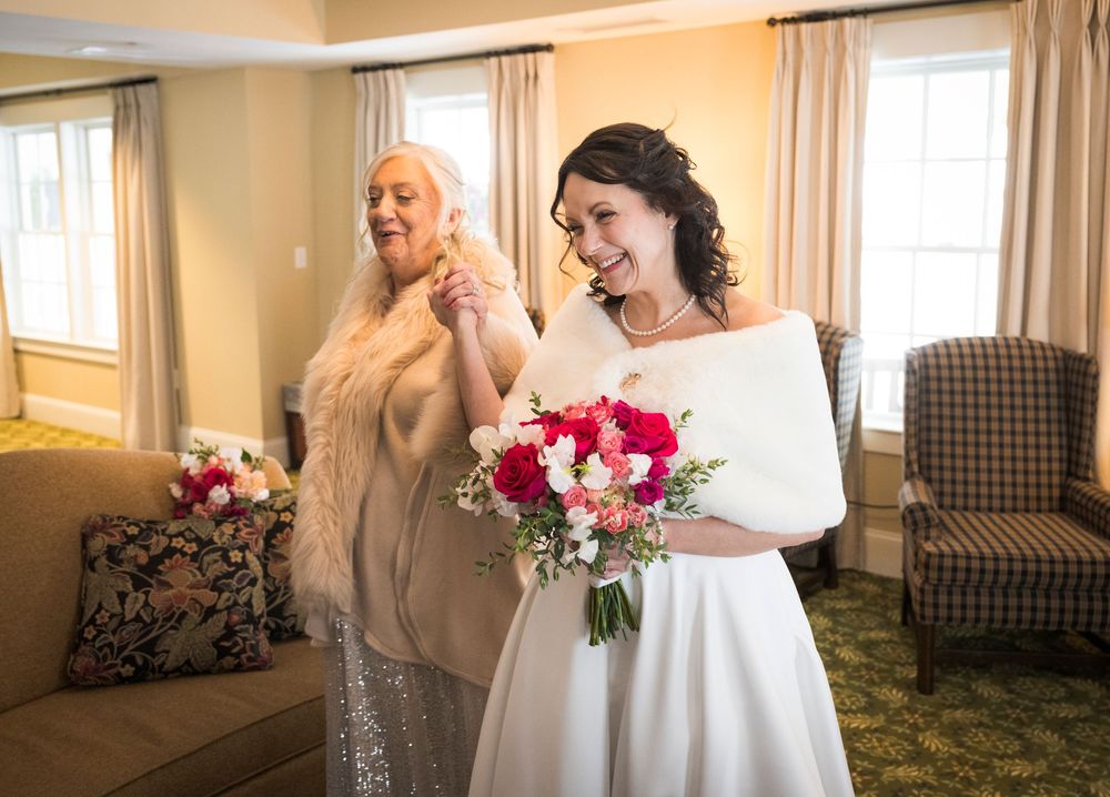 A panoramic sequence of wedding moments in a sunlit room with white decor and floral arrangements.