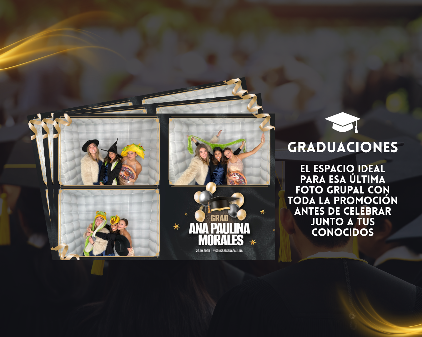 Cabina inflable para fotos en fiesta de graduación con amigos