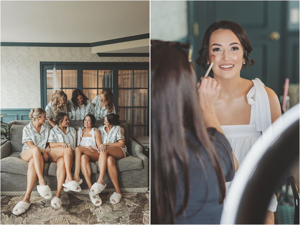 A series of wedding preparation photos showing bridesmaids in matching dresses and a bride in a white gown.