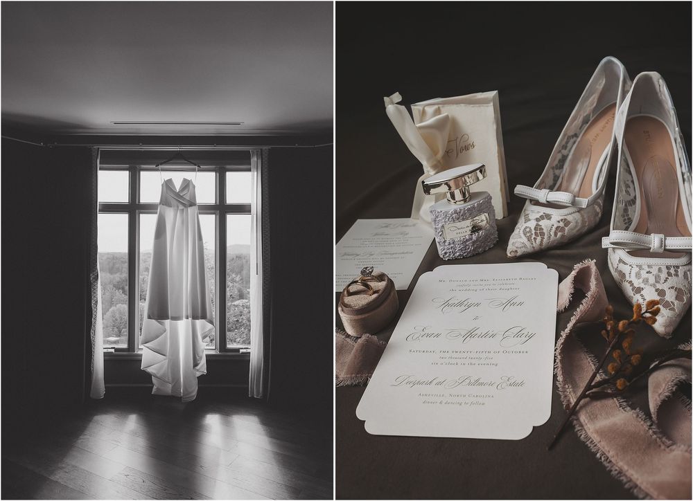 A series of black and white wedding detail photos showing rings, shoes, invitations, and window light in a romantic setting.