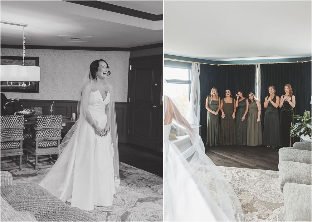 Collection of candid wedding day moments showing bridesmaids and bride getting ready in a modern interior setting.