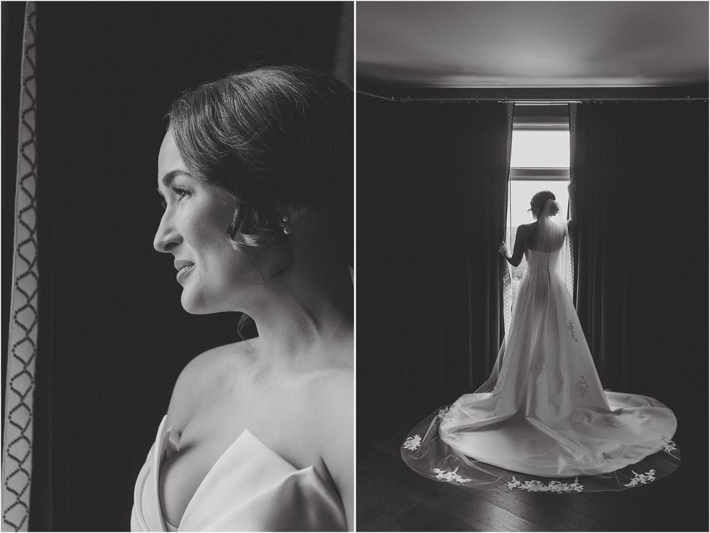 Black and white wedding photography series featuring bridal preparations and a hanging wedding dress.