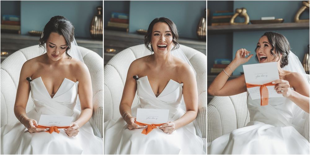 Three photos show someone in a white wedding dress reading emotional letters while sitting in an armchair.