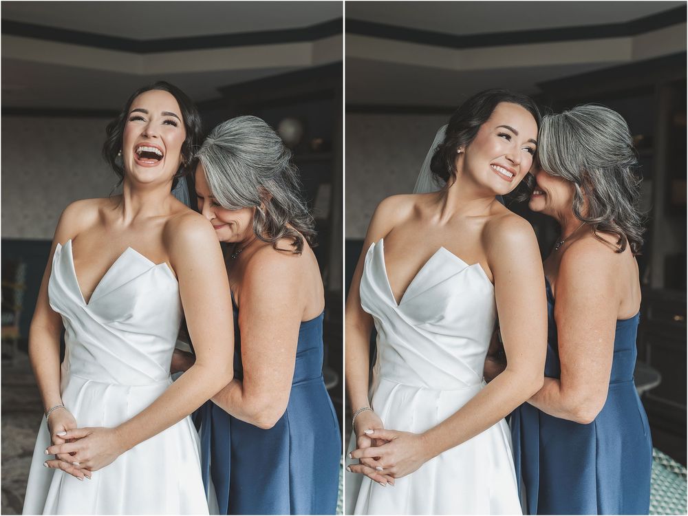 A sequence of candid moments showing two people in white and blue attire sharing joyful interactions and laughter.