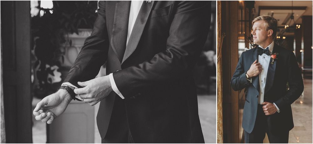 A collection of black and white wedding photography shots showing formal attire and intimate moments at a celebration.