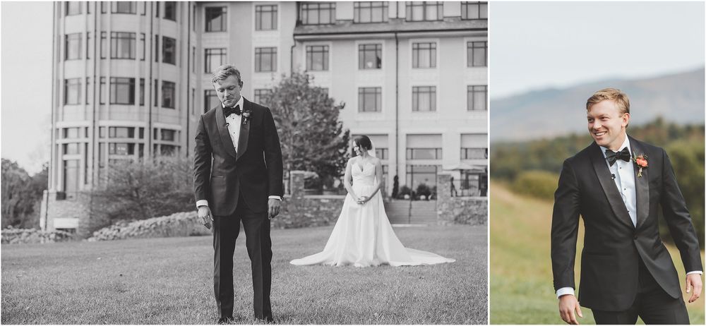 A wedding photo collage showing formal attire and outdoor venue settings in both color and black and white.
