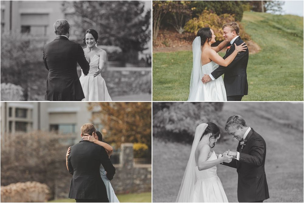A collection of romantic wedding photos showing couples embracing outdoors in black and white and color photography.
