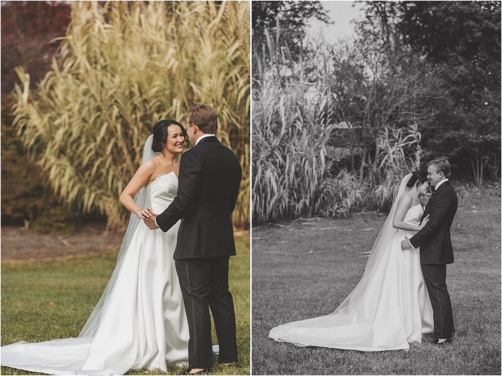 A romantic wedding couple embraces under willow trees in a garden setting captured in both color and black and white photos.