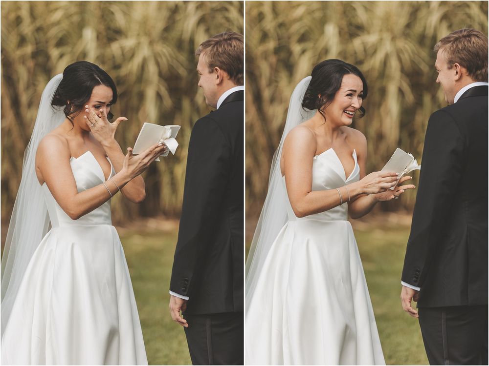A sequence of photos showing a wedding ceremony exchange of rings in an outdoor setting with palm trees.
