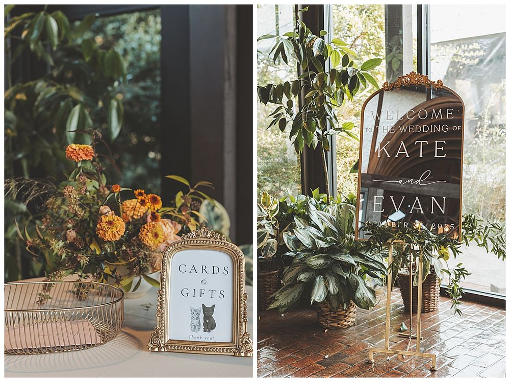 Wedding reception decor featuring elegant signage and floral arrangements on rustic wooden tables.