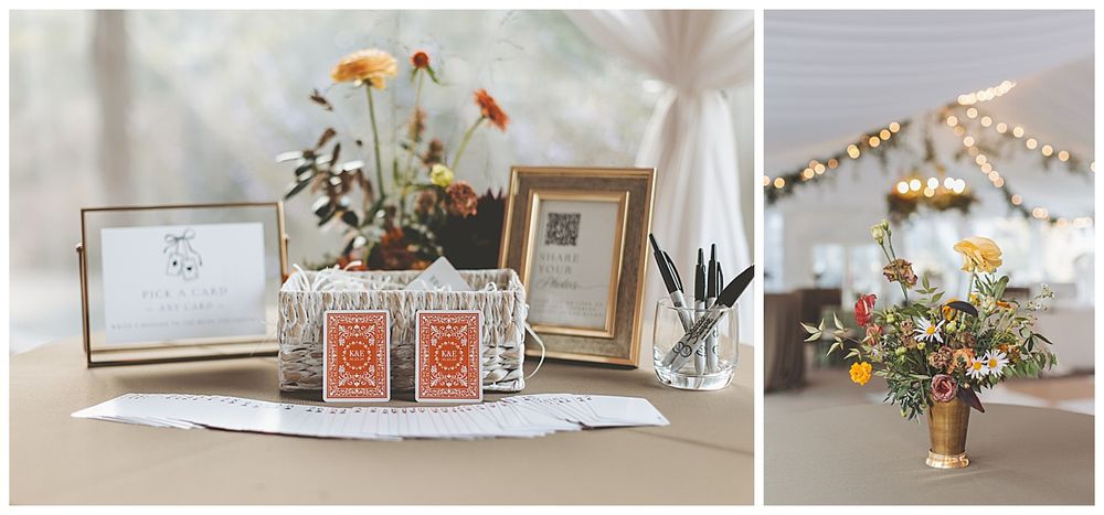 A collection of wedding details including floral arrangements, playing cards, invitations, and table decor in soft neutral tones.