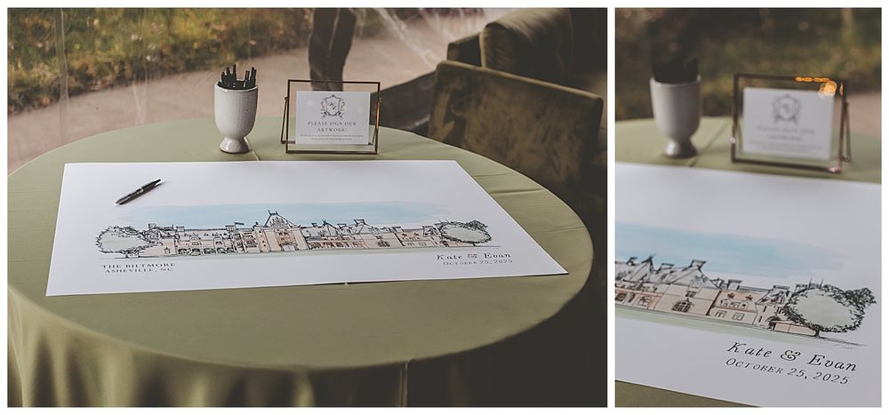 Collection of sketched architectural drawings and renderings laid out on a light surface showing building designs and details.