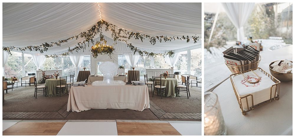 Elegant wedding reception venue with white tents, floral arrangements, and table settings arranged on a manicured lawn.