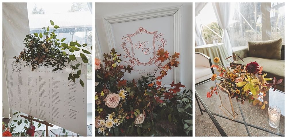 Elegant wedding decor collage featuring floral arrangements, table settings, and romantic lighting in soft neutral tones.