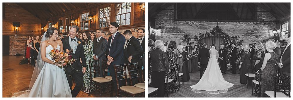A wedding reception venue showcasing multiple elegant table settings with white linens and floral centerpieces.