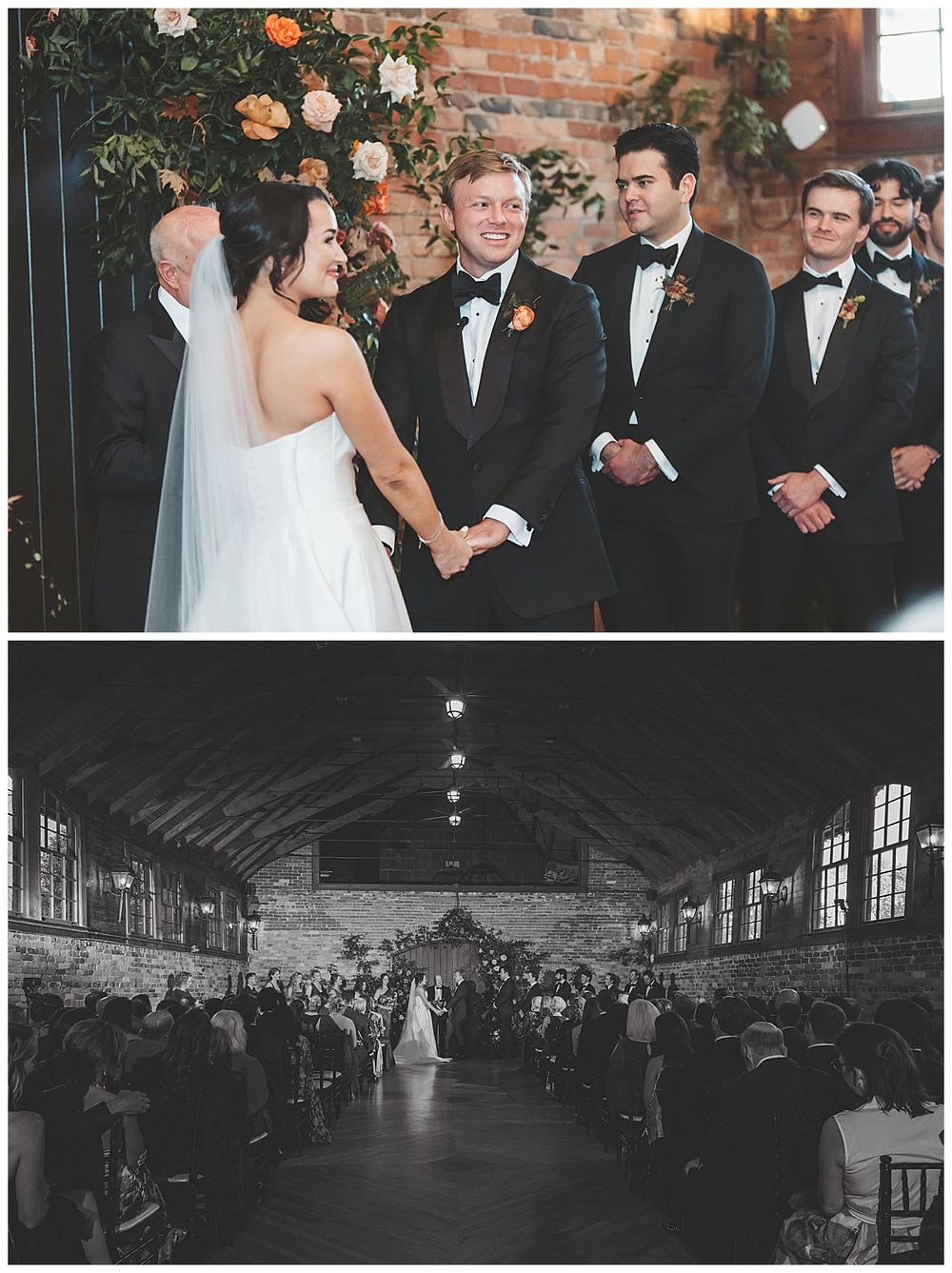 Wedding party gathered in a rustic barn reception venue with brick walls and elegant decor.