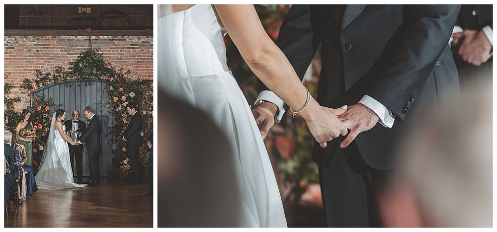 A series of candid wedding moments showing hands, rings, and guests celebrating at an elegant indoor venue.