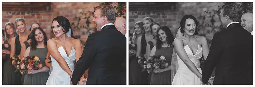 Joyful wedding celebration with couple and guests sharing laughter during reception.