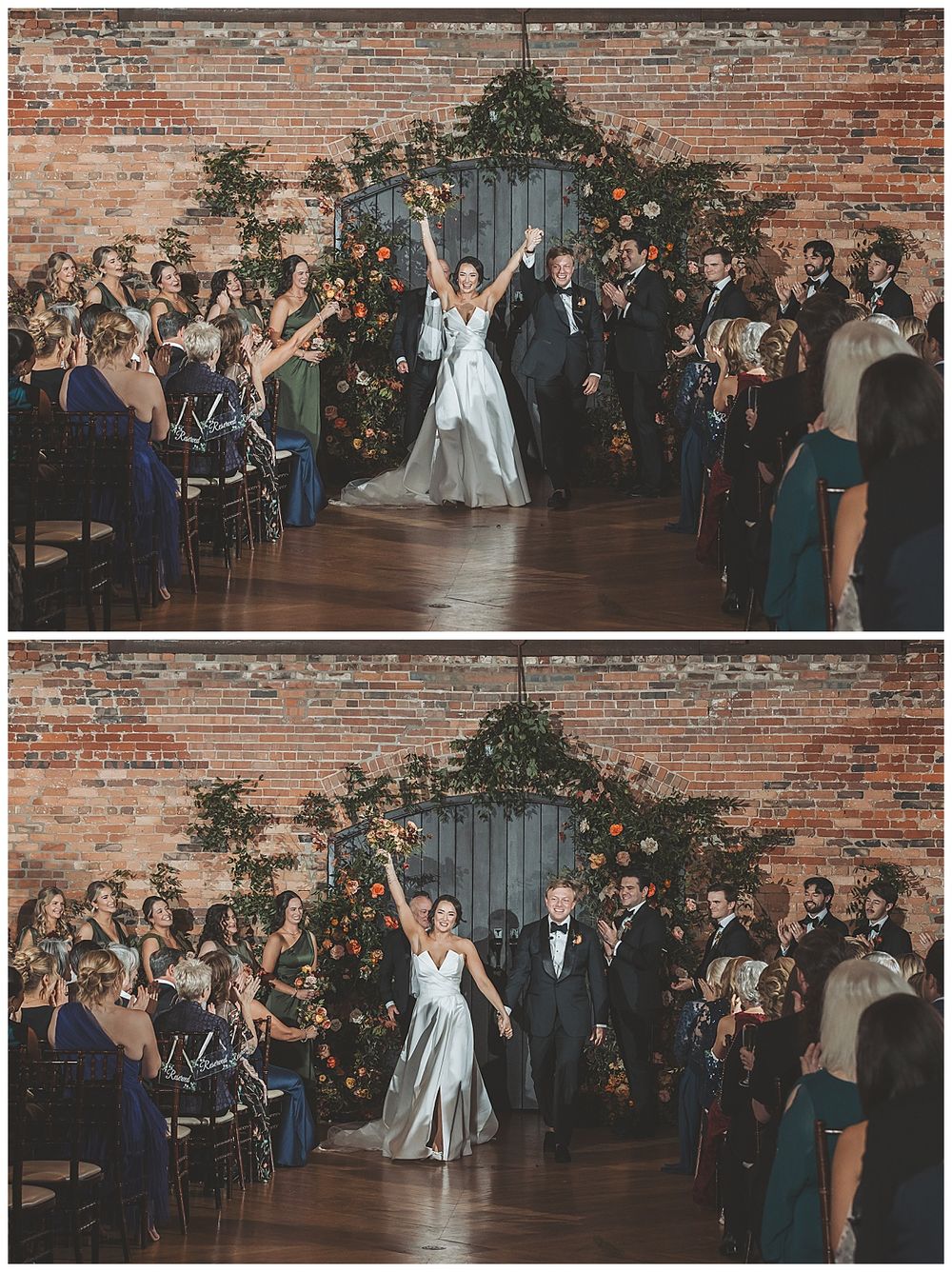 Wedding celebration sequence showing guests dancing and celebrating in an industrial-style venue with brick walls.