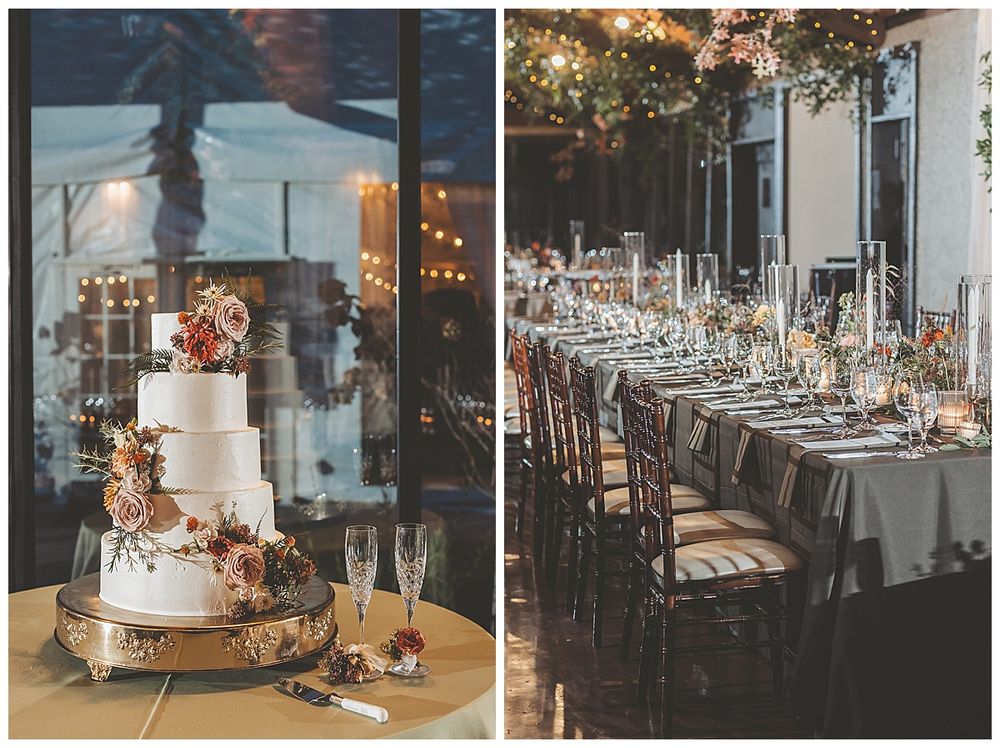 An elegant wedding reception hall decorated with long dining tables, chandeliers, and romantic string lighting.