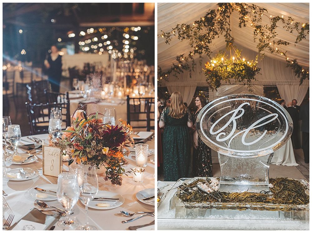 Elegant wedding reception table settings with floral centerpieces and crystal glassware in a rustic indoor venue.