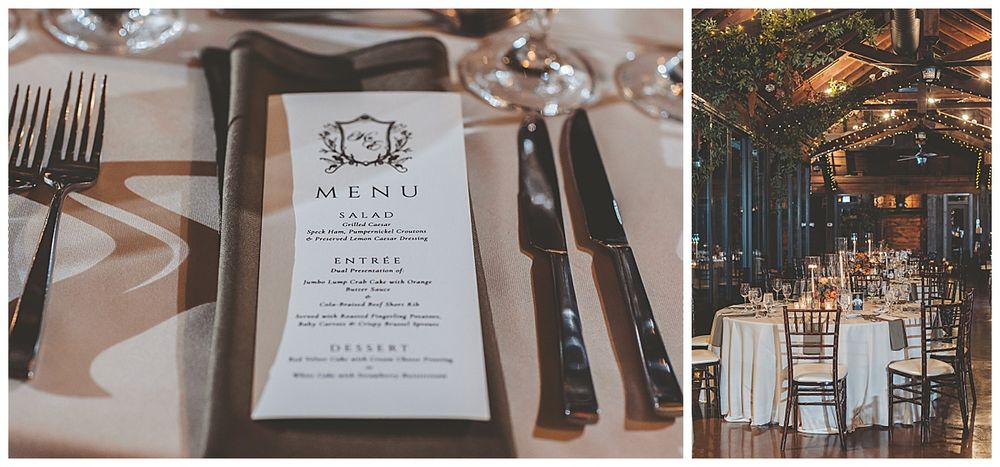 Wedding reception details including place settings, menus, and decor in an elegant indoor venue.