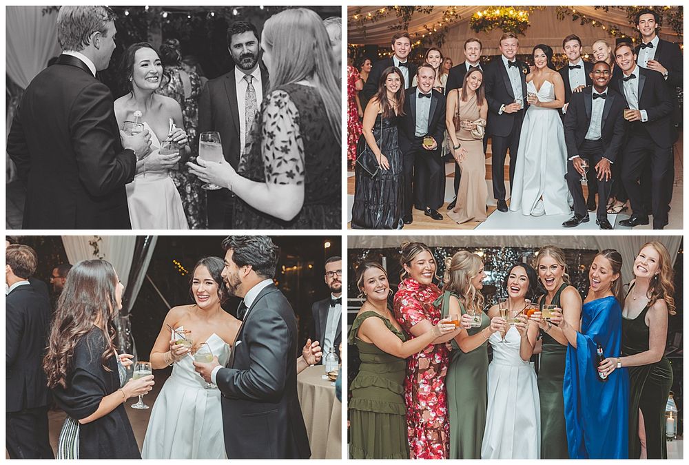 Wedding guests celebrate on the dance floor during an evening reception with colorful lighting and festive atmosphere.