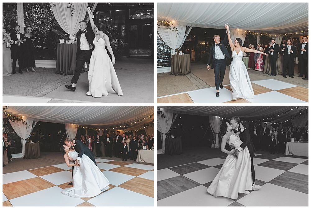 A series of black and white and color photos showing couples dancing at a wedding reception.